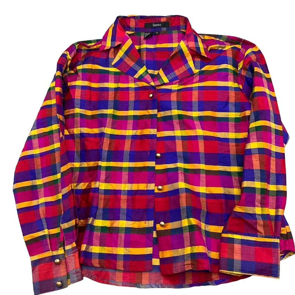 Ishyu Blouse Women 14 Pink Blue‎ Red Madras Plaid Gold Buttons Party Hong Kong